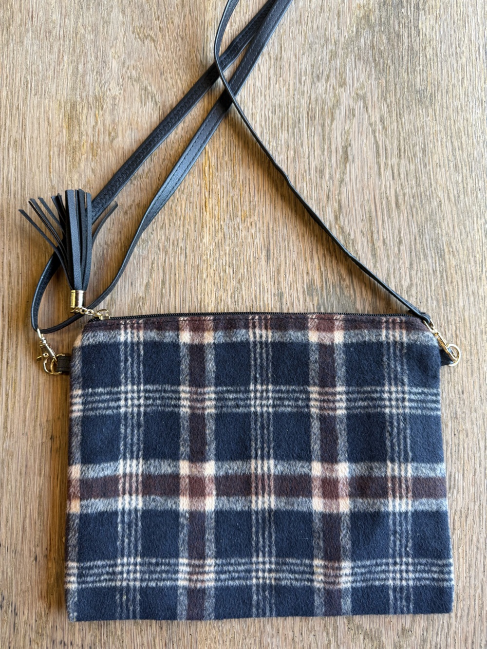 Plaid Flannel Crossbody Clutch Bag Convertible Wristlet Navy Brown Zip Pouch
